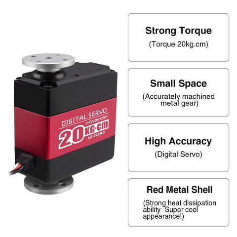 Beefy 20Kg Torque RC Servo Motor With 25T Horn, features strong torque and red aluminum case, ideal for RC cars and robots.
