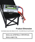 7.4V 360mAh LiPo RC Battery Pack with JST MJ PH2.0 MX2.0 discharge plug on display rack, showing dimensions and weight.