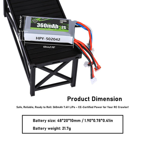 7.4V 360mAh LiPo RC Battery Pack with JST MJ PH2.0 MX2.0 discharge plug on display rack, showing dimensions and weight.