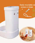 No Sweat Chicken Oyster Shell Feeder And Grit Dispenser For Backyard Flocks, white plastic, mountable, holds crushed eggshells.