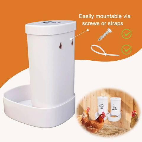 No Sweat Chicken Oyster Shell Feeder And Grit Dispenser For Backyard Flocks, white plastic, mountable, holds crushed eggshells.