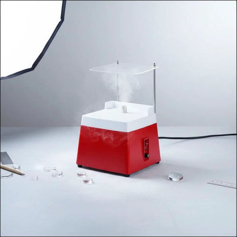 Diamond Glass Grinding Machine With Auto Cooling And Baffle with steam, red base, and white top on a workbench.