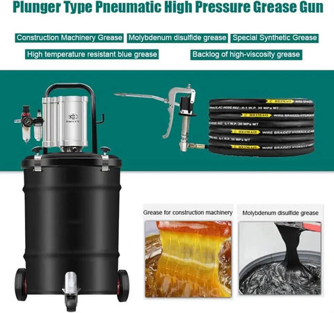 Shop Tough 80 To 1 Pneumatic Grease Pump Cart With 40 Liter Tank And 4 Meter Hose Featuring Swivel Gunhead visible with high-pressure grease gun.