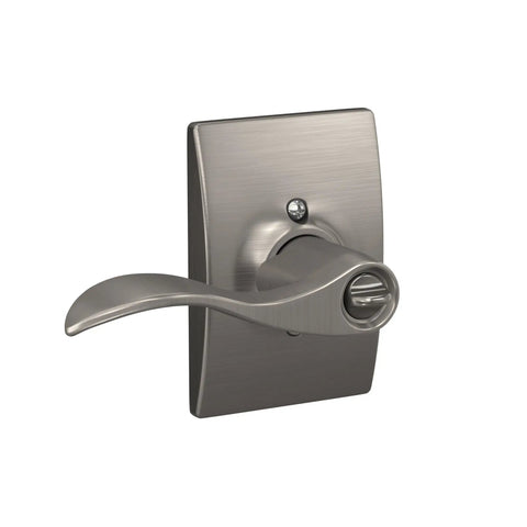 Accent Lever With Century Trim Keyed Entry Lock In Satin Nickel, Reversible For Left Or Right Swing Doors, Self Aligning Screw Holes For No Brainer Install With A Phillips Screwdriver, Exterior Key Access on a white background.