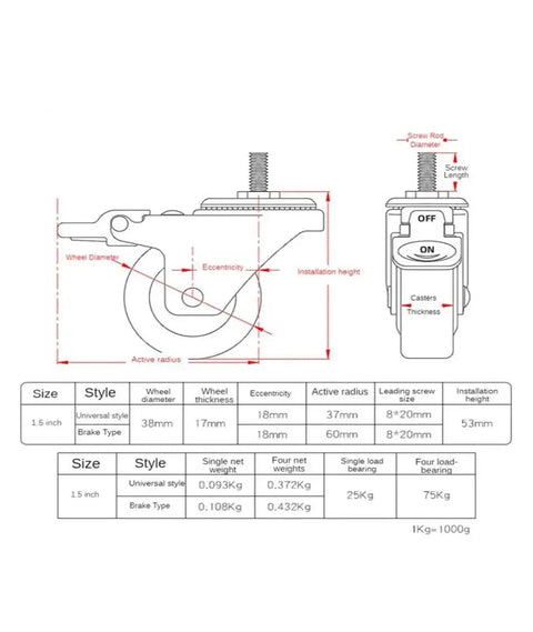 Technical drawing of Four Piece Lot Ball Bearing Stem Casters With One Point Five Inches Wheels showing dimensions and specifications.