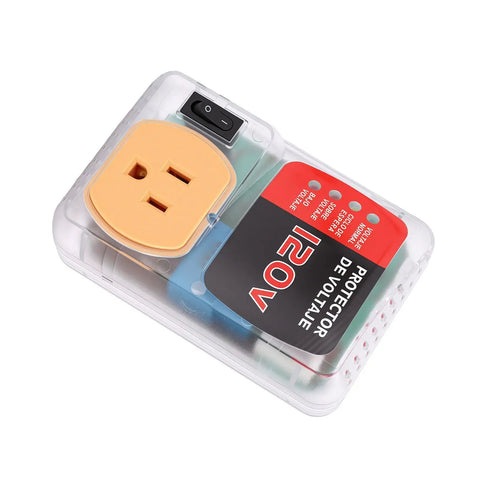 Ride Safe Voltage Protector And Surge Block Outlet with yellow plug and power switch for protecting appliances from power surges.