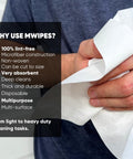 Person holding Lint Free Microfiber Cleaning Cloths 16 By 16 Inch Disposable Pack 50 Count Highly Absorbent with features listed