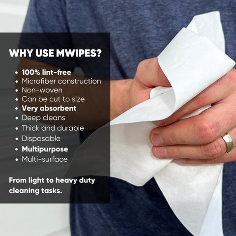 Person holding Lint Free Microfiber Cleaning Cloths 16 By 16 Inch Disposable Pack 50 Count Highly Absorbent with features listed