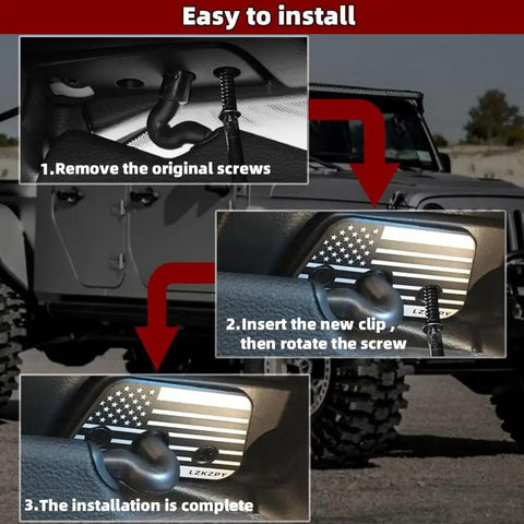 Step-by-step guide to installing Rugged Aluminum Alloy Sun Visor Clip Repair Kit for Jeep Wrangler with American flag design.