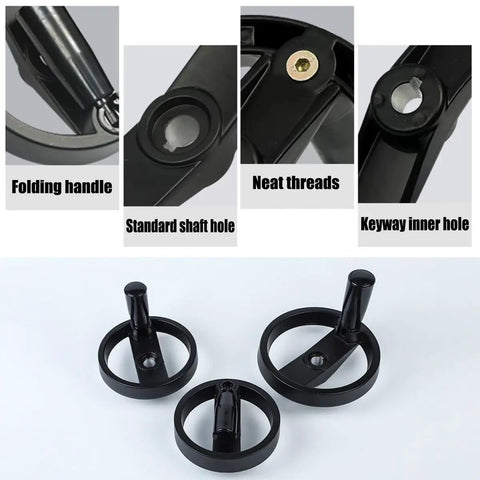 Rock Solid Two Spoke Foldable Hollow Handwheel With Crank Handle And 10 To 20mm Bore for lathe, showing folding handle and shaft hole details.