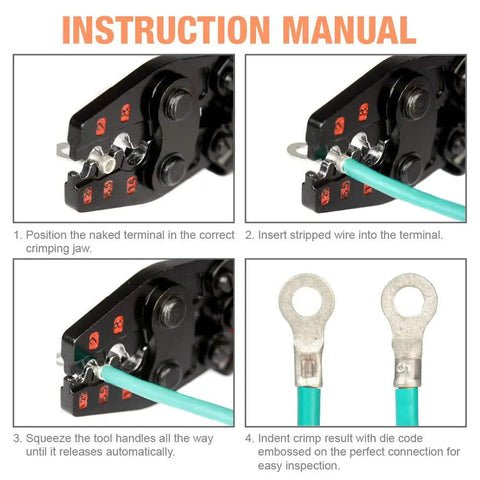 Instruction manual for Non Insulated Terminal Crimper Tool For AWG 22 To 6 Battery Cables demonstrating crimping process.