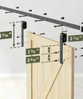 Installation diagram of Heavy Duty Sliding Barn Door Hardware Kit For Double Doors 350 Lb Capacity showing measurements on wooden door panel.