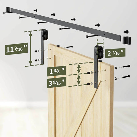 Installation diagram of Heavy Duty Sliding Barn Door Hardware Kit For Double Doors 350 Lb Capacity showing measurements on wooden door panel.