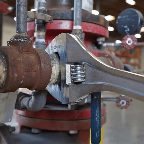 24 Inch Adjustable Wrench With Raised Head And Chrome Finish, used on a pipe with thin jaw for tight spaces in an industrial setting.