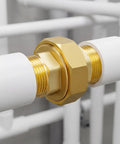 Brass Union 1/2 Npt Male To 1/2 Npt Male Pipe Fitting connecting two pipes, solid brass material, corrosion-resistant in industrial setup.