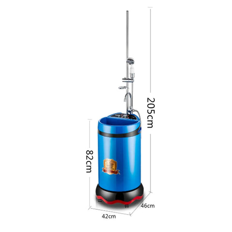 Portable Electric Water Heater With Beefy 60 To 70 Liter Mobile Shower Tank Scores Big With 2000W Heat And Slick Remote Control, blue design.