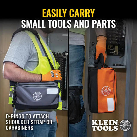 Front view of Dual Compartment Tool Pouch Heavy Duty Tool Bag Organizer attached to worker, showing use and durability.