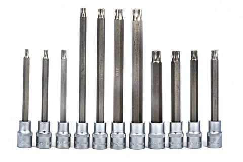 Close-up of Top Shelf 26 Piece 1/2 Inch Drive Spline Triple Square XZN Socket Bit Set forged from chrome vanadium steel.