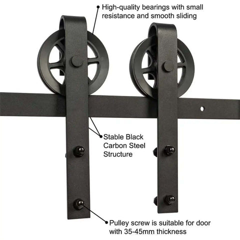 Black Steel Sliding Barn Door Hardware Kit with Pro Grade Big Rollers and Long 6 Ft Track, close-up of steel rollers and track