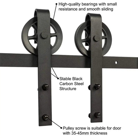 Black Steel Sliding Barn Door Hardware Kit With Heavy Duty Big Rollers for 5Ft To 9.6Ft Track Systems, carbon steel structure close-up.