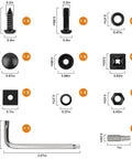 Black Anti Theft License Plate Screw Kit With M6 Tamper Proof Screws One Quarter Inch Stainless Steel 304 Includes Caps And Fastener Nuts For Front And Rear Plate Frames Weatherproof Rust Resistant Car Tag Mount Hardware laid out with measurements.