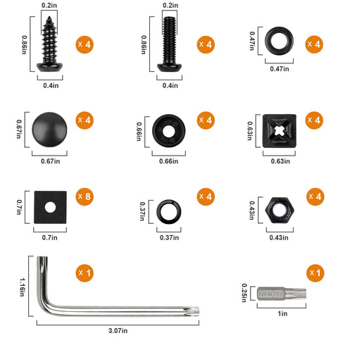 Black Anti Theft License Plate Screw Kit With M6 Tamper Proof Screws One Quarter Inch Stainless Steel 304 Includes Caps And Fastener Nuts For Front And Rear Plate Frames Weatherproof Rust Resistant Car Tag Mount Hardware laid out with measurements.