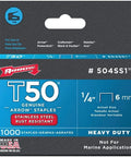 Heavy Duty Stainless Steel U Shape Staples For T50 Stapler Guns Quarter Inch Length Three Thousand Count Pack box displaying rust resistant staples.