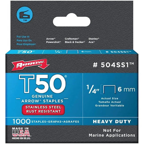 Job Site Tough One Quarter Inch Collated Staples For T50 Stapler And Hammer Feed Tools Four Pack packaging with stainless steel staples.