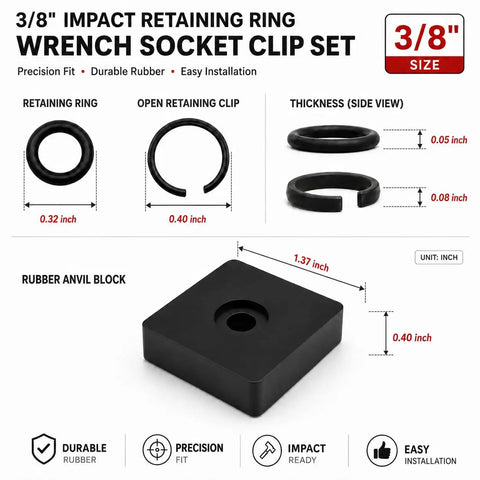 3/8 inch Heavy Duty Impact Retaining Ring Kit With O Rings and Installation Tool including rubber anvil block and clips.