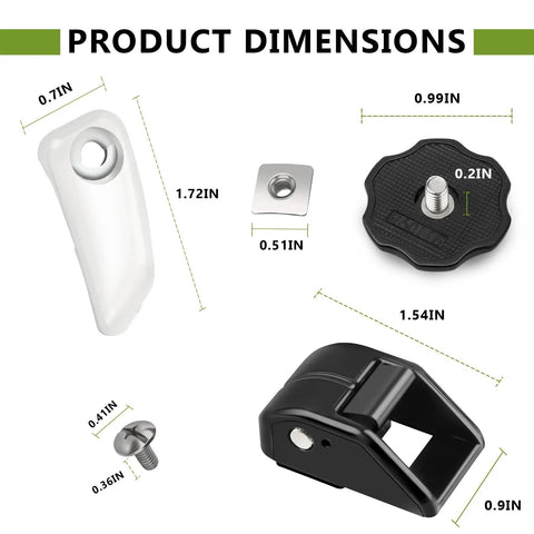 Product dimensions for Top Shelf Football Helmet Chin Strap Hardware Bundle with white and black components.
