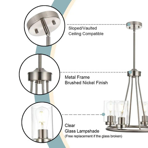 Wagon Wheel Chandelier With Clear Glass Shades For Four Light 19 Inch Wide Dope Modern Brushed Nickel Ceiling Light Fixture details