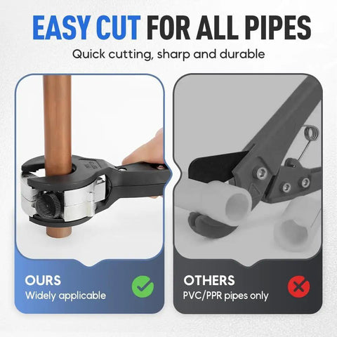 Ratcheting Tubing Cutter Pro Grade Workhorse Adjustable Tool cutting copper pipe, contrasted with cutter for PVC pipes.