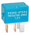 12V DC 4 Pin Automotive Relay Pack Of 2 For AC Compressors, Starters, Headlights And More Plug And Play Ready Fits Toyota Prius, RAV4, 4Runner, Camry, Lexus Or Scion Cars. Blue plastic 4-pin Toyota relay with metal terminals, 12V label