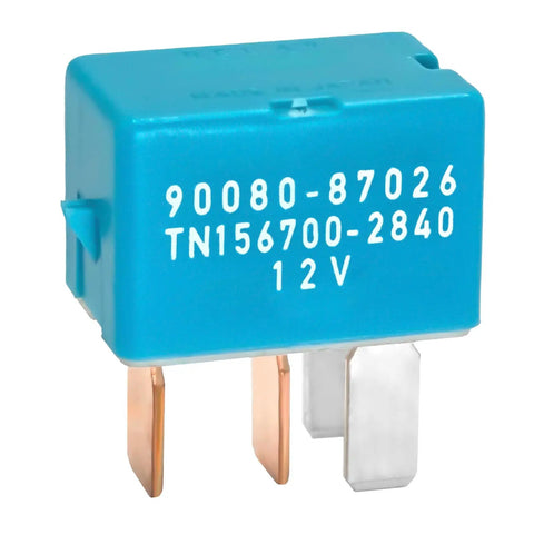 12V DC 4 Pin Automotive Relay Pack Of 2 For AC Compressors, Starters, Headlights And More Plug And Play Ready Fits Toyota Prius, RAV4, 4Runner, Camry, Lexus Or Scion Cars. Blue plastic 4-pin Toyota relay with metal terminals, 12V label