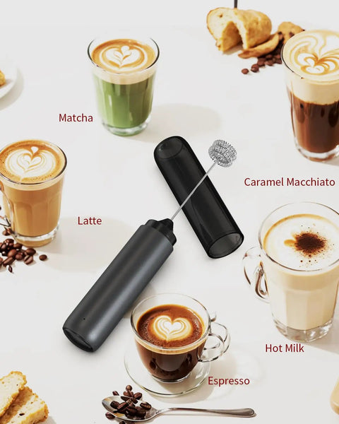 Rechargeable Handheld Milk Frother With Dual Coil Whisk Head Electric Coffee Frother Wand for Cappuccino and Lattes, black