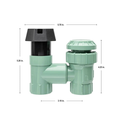 One Inch FPT Anti Siphon Manual Sprinkler Valve With Atmospheric Vacuum Breaker, green plastic, side view, garden irrigation use.