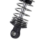 Close-up of 59mm aluminum oil shock with adjustable damping for Mojave Typhon Granite GROM RC cars, showing threaded body and nylon rod end.