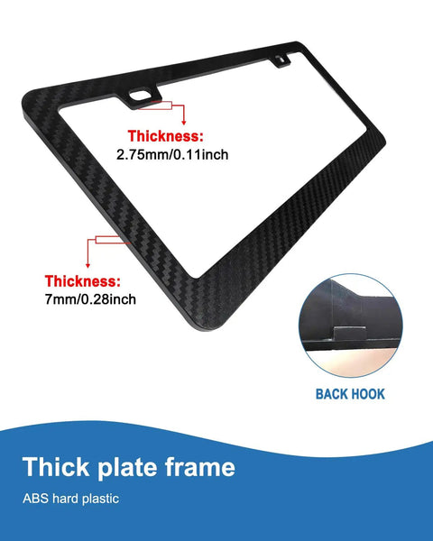License Plate Frames Front And Rear 2 Hole Carbon Fiber Style 2 Pack Car Tag Holder with thickness details and back hook