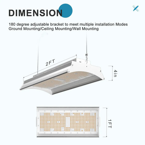 Beast Bright 250W Linear High Bay LED Shop Light dimensions with mounting options for garages and workshops