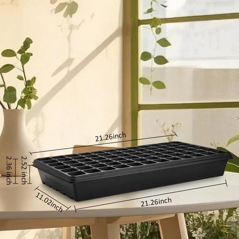 Deep 72-Cell Seedling Tray Set For 1020 Flats Big Cell Plug Trays on table by window with plant, Tough As Nails Durable Nursery Seedling