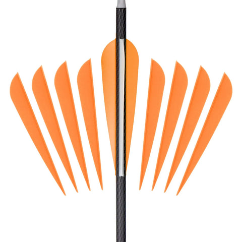 4 Inch Plastic Arrow Vanes Fletching For DIY Arrows, Orange, 50 Pack, displayed with black arrow, showcasing TPU vanes