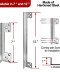 Heavy Gauge Steel Door Latch Guard Plate Twelve Inch With One Inch Offset showing dimensions and installation screws.
