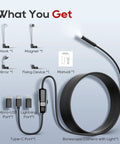 Endoscope Camera With Light 1920P HD Borescope Inspection Tool, coiled cable with USB-C, Lightning, Micro USB, hook, magnet, mirror