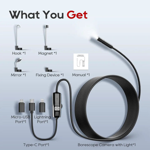Endoscope Camera With Light 1920P HD Borescope Inspection Tool, coiled cable with USB-C, Lightning, Micro USB, hook, magnet, mirror