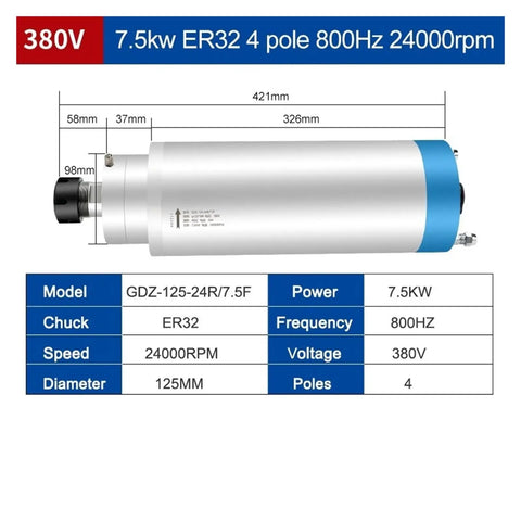 Drop In Ready Cnc Water Cooled Spindle Motor 7500 Watt 380V With Er32 Chuck Liquid Cooling Build Ultra Smooth Performance No Hassle Setup, 421mm long.