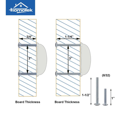 Diagram of installation for Six Pack Drawer Cup Pulls For Cabinets And Dressers In Oil Rubbed Bronze 3 Inch Hole Centers Durable Zinc Alloy Furniture Hardware Handles For Kitchen Cabinets Wardrobes Desks And Bookcases showing screw dimensions and board thickness compatibility.