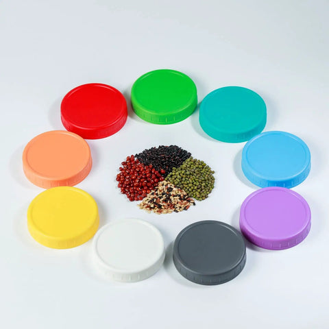9 Gray Wide Mouth Mason Jar Lids With Silicone Ring 86mm Thickened Leakproof Plastic Covers Fits Ball Kerr And More For Preserving Food Sauces And Bulk Batch Storage Keepin It Fresh, shown in assorted colors
