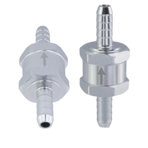Two stainless steel one-way fuel check valves with barbed fittings and flow arrows