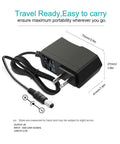 Versatile 9V AC DC Power Supply Adapter with dimensions, cable and plug detail, ideal for guitar effects pedals and pedalboards.