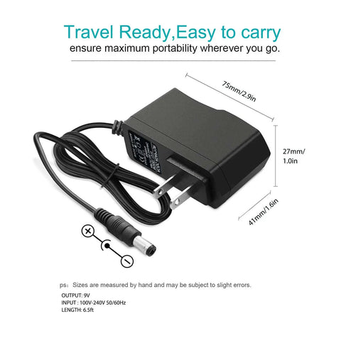 Versatile 9V AC DC Power Supply Adapter with dimensions, cable and plug detail, ideal for guitar effects pedals and pedalboards.